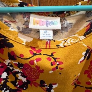 XL Carly mustard color floral Disney Minnie Mouse print + purple pink and white.